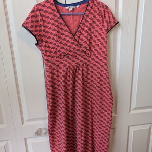 Boden Coral Pink and Navy Patterned Midi Dress